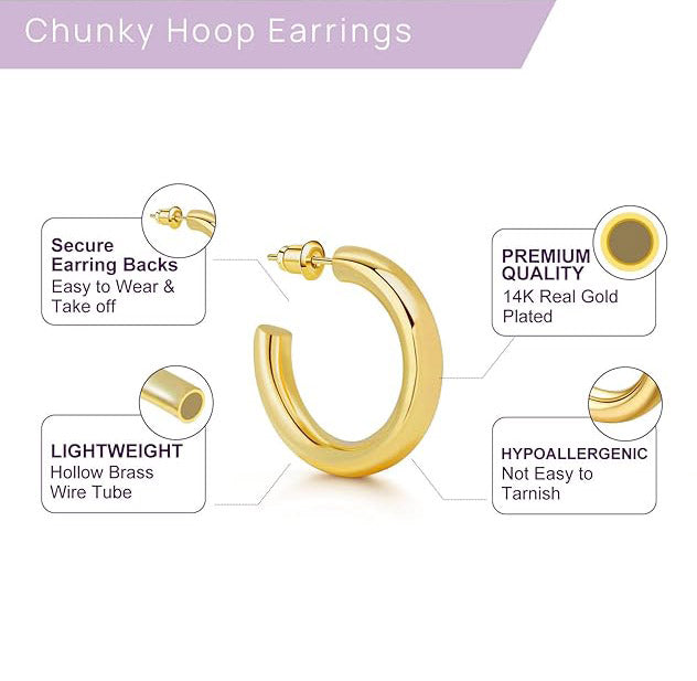 Gold Hoop Earrings, 14K Real Gold Plated Chunky Small Hoop Earrings for Women Lightweight Jewelry Gifts 14/20/30/35/45MM