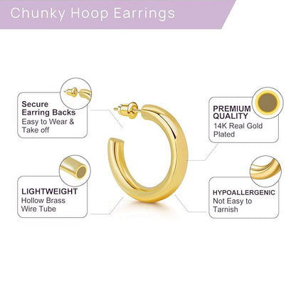Gold Hoop Earrings, 14K Real Gold Plated Chunky Small Hoop Earrings for Women Lightweight Jewelry Gifts 14/20/30/35/45MM